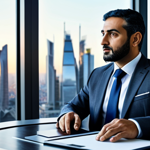 Home 14 A professional Arab male investor, in his late 30s to early 40s, with a calm and contemplative expression. He is wearing a modest, tailored business suit (e.g., dark grey or navy) with a crisp shirt and tie, fully clothed, appropriate attire, professional dress. He is sitting at a large, modern desk in a sophisticated, sunlit office with a panoramic view of a dynamic city skyline at dusk. The desk has a few minimalist elements, including a tablet displaying abstract graphs that subtly hint at market movements. The background incorporates soft, flowing lines or abstract wave-like patterns within the decor, symbolizing economic cycles. Perfect anatomy, correct proportions, well-formed hands, natural body proportions, natural pose. Professional photography, high-resolution, sharp focus, volumetric lighting. Safe for work, appropriate content, fully clothed, professional.