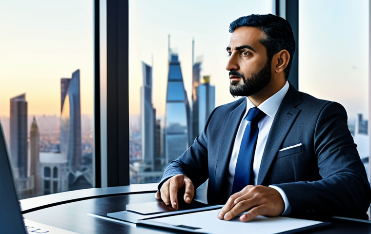 A professional Arab male investor, in his late 30s to early 40s, with a calm and contemplative expression. He is wearing a modest, tailored business suit (e.g., dark grey or navy) with a crisp shirt and tie, fully clothed, appropriate attire, professional dress. He is sitting at a large, modern desk in a sophisticated, sunlit office with a panoramic view of a dynamic city skyline at dusk. The desk has a few minimalist elements, including a tablet displaying abstract graphs that subtly hint at market movements. The background incorporates soft, flowing lines or abstract wave-like patterns within the decor, symbolizing economic cycles. Perfect anatomy, correct proportions, well-formed hands, natural body proportions, natural pose. Professional photography, high-resolution, sharp focus, volumetric lighting. Safe for work, appropriate content, fully clothed, professional.
