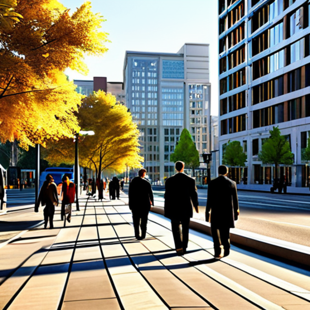 Thriving Urban Center**

"A bustling cityscape at golden hour, featuring modern architecture and vibrant street life. Professional people in modest business attire are walking along the sidewalks. The scene includes well-maintained parks and public transportation. Safe for work, appropriate content, fully clothed, professional, perfect anatomy, natural proportions, high quality."

**
