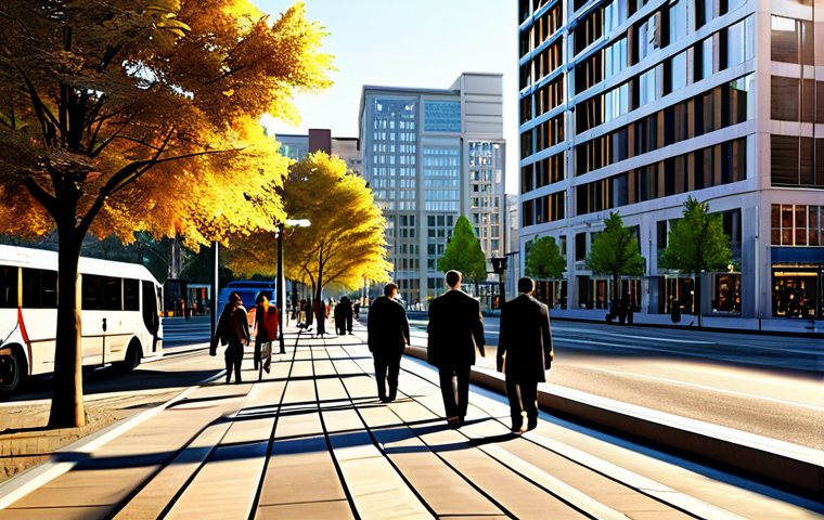 Thriving Urban Center**

"A bustling cityscape at golden hour, featuring modern architecture and vibrant street life. Professional people in modest business attire are walking along the sidewalks. The scene includes well-maintained parks and public transportation. Safe for work, appropriate content, fully clothed, professional, perfect anatomy, natural proportions, high quality."

**