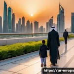 부동산 사이클의 경제적 파급효과 연구 - A breathtaking, wide-angle shot of a futuristic Arab metropolis at sunset. Glimmering skyscrapers wi...