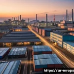 부동산 시장 사이클  평택과 송도의 비교 - A vibrant industrial cityscape of Bongtaik at sunset, showcasing modern factories and tech companies...